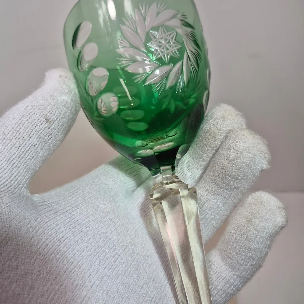 Vintage Emerald Green Cut to Clear Crystal Wine Goblet Faceted Stem 8.25